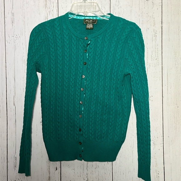 Eddie Bauer Green Cableknit Cotton Nylon Button Up Babydoll Cardigan Size Medium - Picture 1 of 3